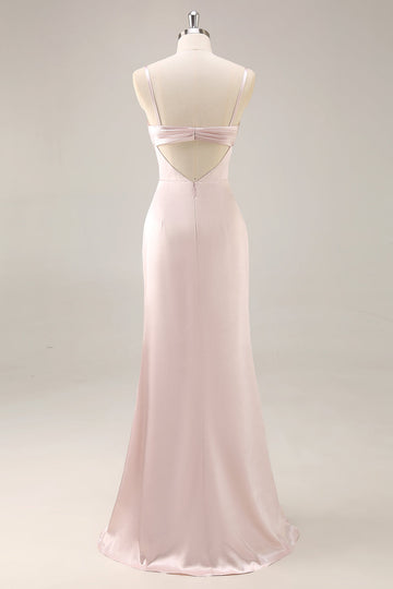 Candy Pink Satin Mermaid Ruched Long Bridesmaid Dress with Slit